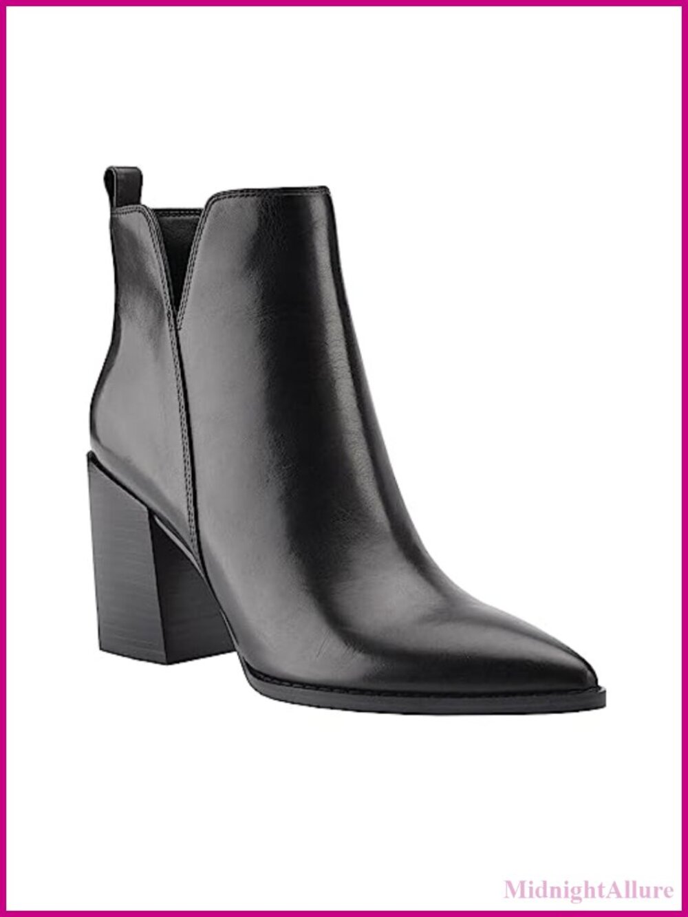 Faux Leather V Cut Ankle Boots Pointed Toe Stacked Chunky Heel Side Zipper